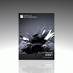 Gif image of sheet packaging spinning  Black box with black splash image and white lettering