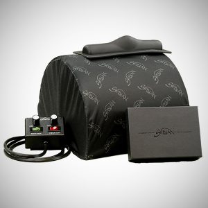 Custom Sybian cover on the legendary Sybian ride on sex machine. Cover is black with the Sybian logo in silver grey repeated over it.