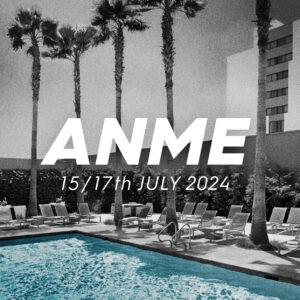 Black & White Image of palm trees around the corner of a hotel pool in Los Angeles with the water highlighted in blue and white graphics reading ANME 15th/17th July advertising Sheets of San Francisco's attendance at the upcoming event to showcase their waterproof bed sheets