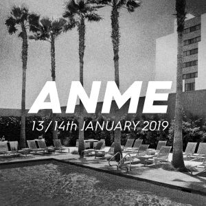 ANME Logo n White on a black & White background image of palm trees and sun beds around a pool