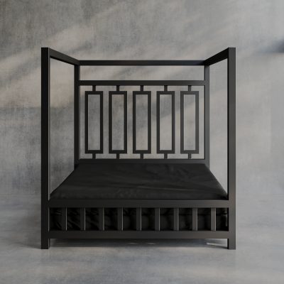 Product image of a Black Sheets of San Francisco Waterproof, lube proof and fluid proof bed sheet designed to protect the mattress from and mess and fluids during sex. Displayed on a black metal four poster dungeon style bed set against grey polished concrete floor and walls with full height black frame glazing giving views of grass and shrubs in the garden