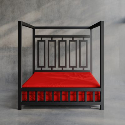 Product image of a Red Sheets of San Francisco Waterproof, wax proof and fluidproof bed sheet designed to protect the mattress from and mess and fluids such as lube during sex. Displayed on a black metal four poster dungeon bed set against grey polished concrete floor and walls with black frames full height glazing giving a view of grass and shrub s in the garden