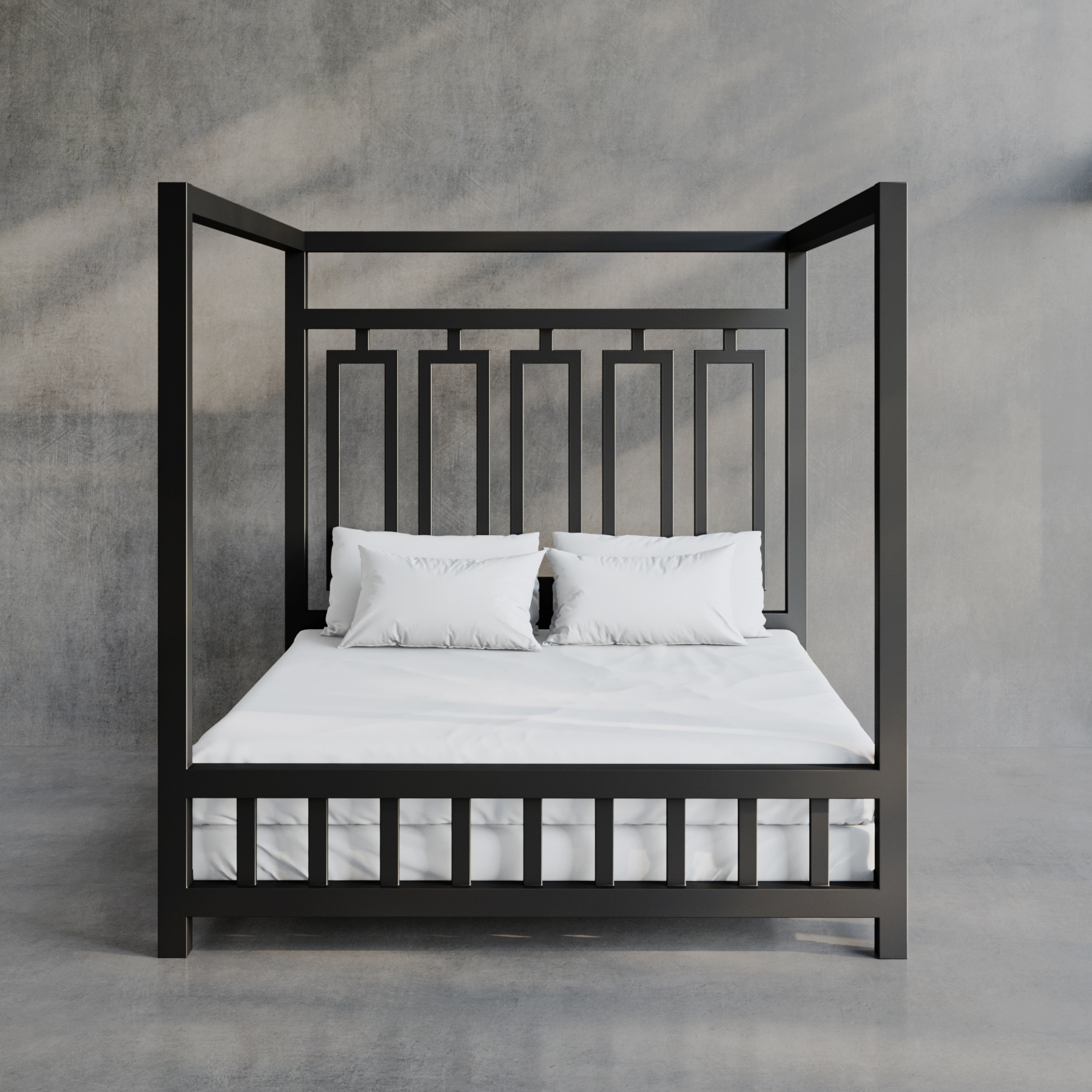 Product image of a White Sheets of San Francisco Waterproof, wax proof and fluidproof bed sheet and 4 pillows with matching white waterproof covers. Displayed on a black metal four poster dungeon bed set against grey polished concrete floor and walls with black frames full height glazing giving a view of grass and shrub s in the garden