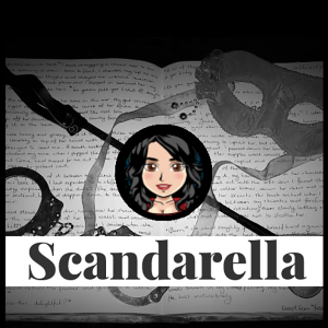 Avtar for Scandarella Does Wet and messy post. Drawing of woman face set in a circle in the centre on a back ground image of a whip, handcuffs and a mask on an open book