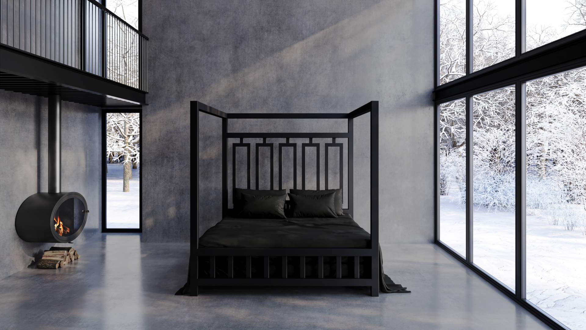 Sheets of San Francisco Black fluid proof bed sheet with matching waterproof pillows and throw on a black metal 4 poster dungeon style bed illustrating that waterproof sex sheets can look good as well as being highly practical and resistant to lubes oils wax bodily fluids etc. All set against a background of polished concrete walls and floors with dark framed full height glazing showing a winter scene in the garden